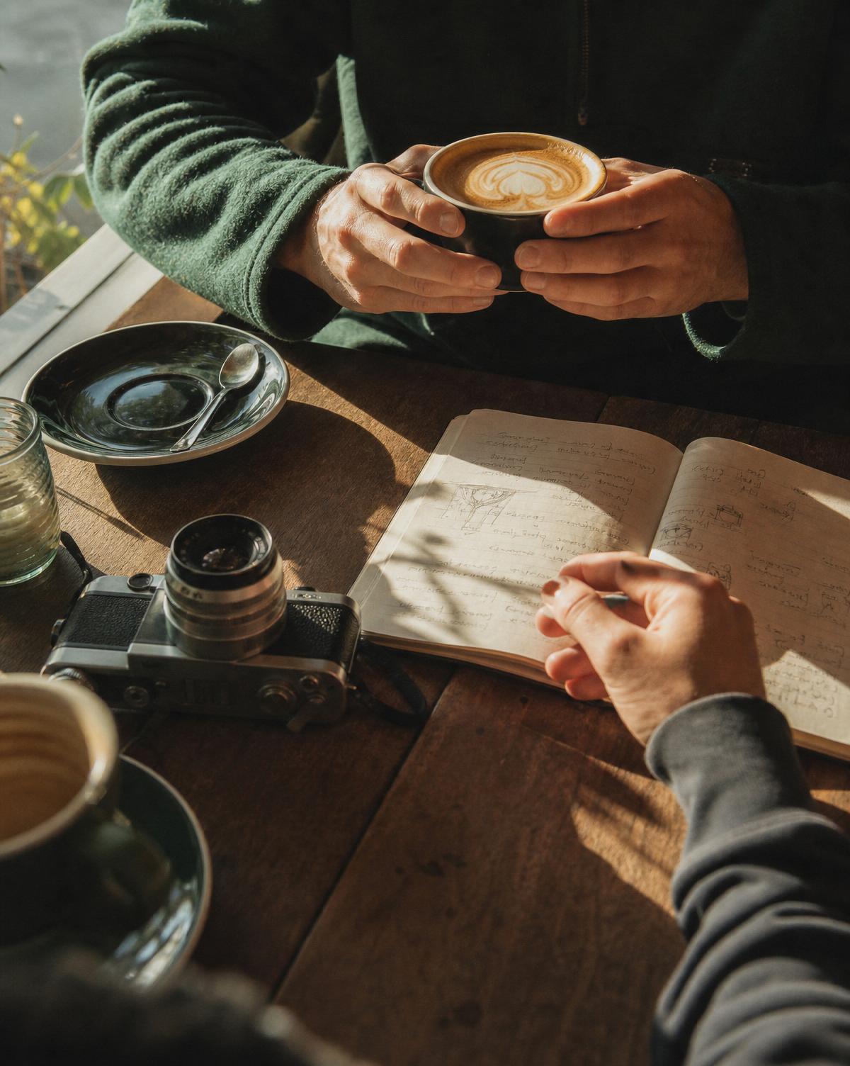 Hands, coffee and a notebook — a quiet moment of creative collaboration