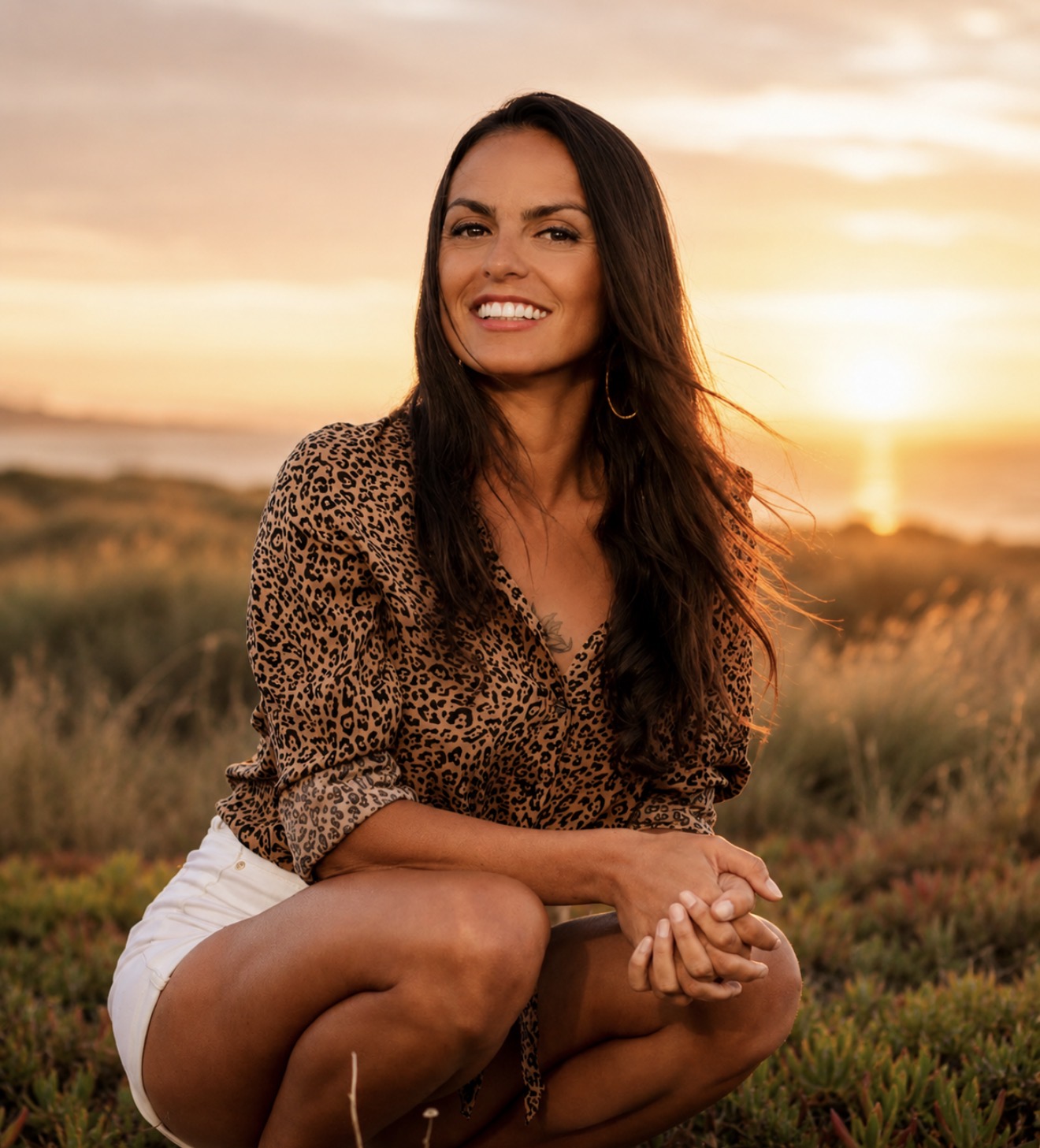 Camila Sanches, Founder & Creative Director of Light Up Marketing, at golden hour on the coast